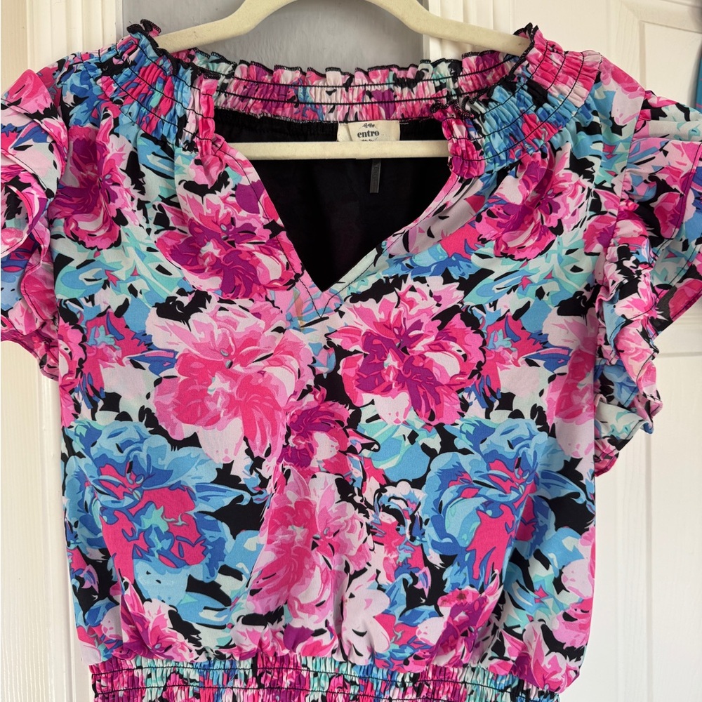Floral Women's Top with Skirt- Pink and Blue: 2 Piece: top m skirt s